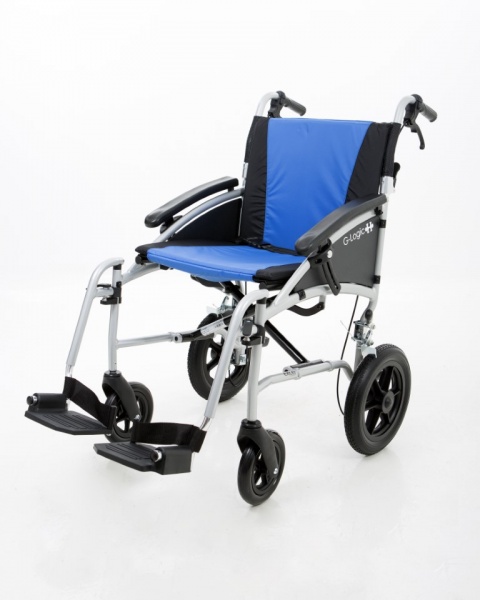 Excel G-Logic Lightweight Transit Wheelchair With Silver Frame and Blue Upholstery 20'' Wide Seat